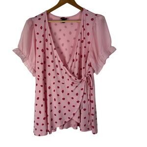 Torrid Wrap Blouse‎ Women 2X Studio Knit Chiffon Puff Sleeve Kiss Lip Print New